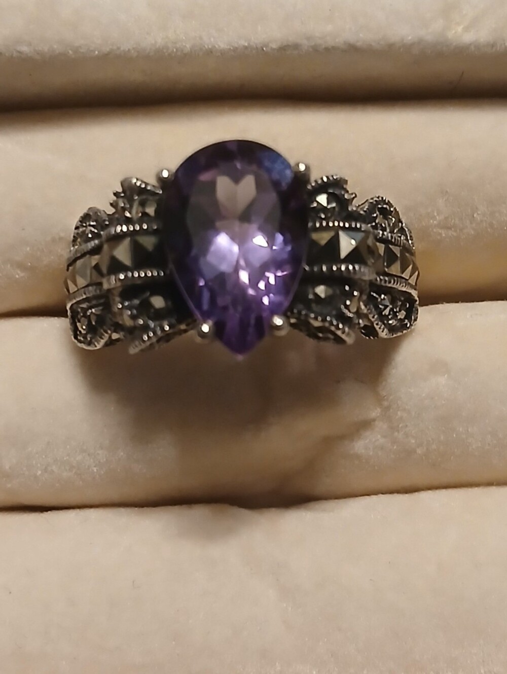 Vintage Judith Jack Sterling Silver Amethyst Marcasite Pear Cocktail Ring